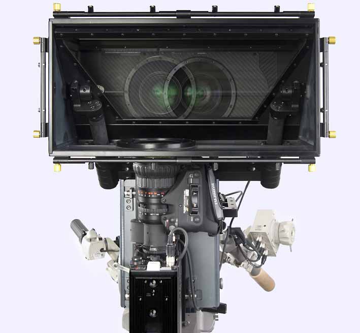 This is what a beamsplitter rig looks like from the front: As you can see, the inter-axial distance between the centres of the Fujinon lenses is less than the diameter of the lenses 