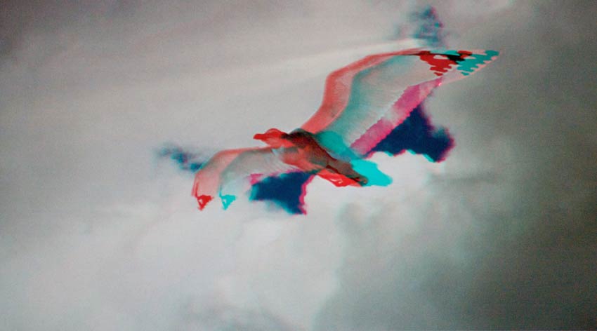 This anaglyph still is 0.7% positive on the clouds and 4.2% negative on the seagull. It comes from the Merlin Entertainments' London Eye 4D Experience, written and directed by Julian Napier and produced by Phil Streather.